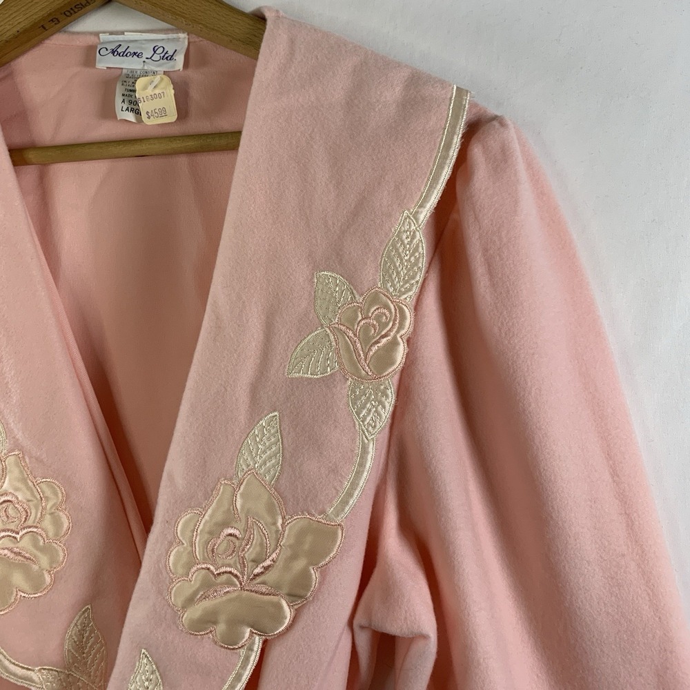VTG Womens Floral Applique Full Length Bathrobe Size Large Pink USA Union Made